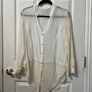 HELMUT LANG White / Off White Sheer Panelled Plunge V Neckline Blouse Shirt